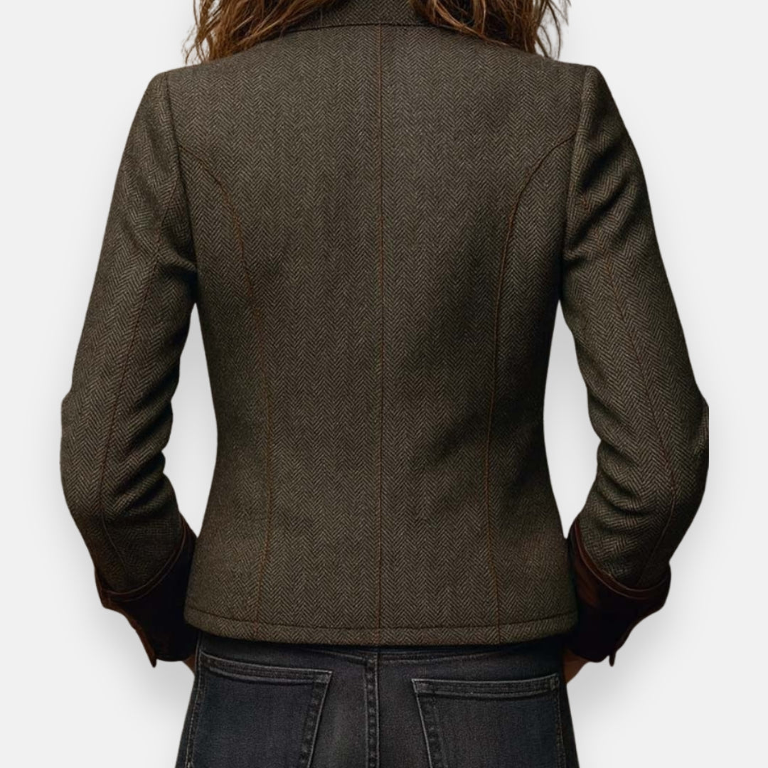 Womens tweed jacket with velvet trim in olive, back view