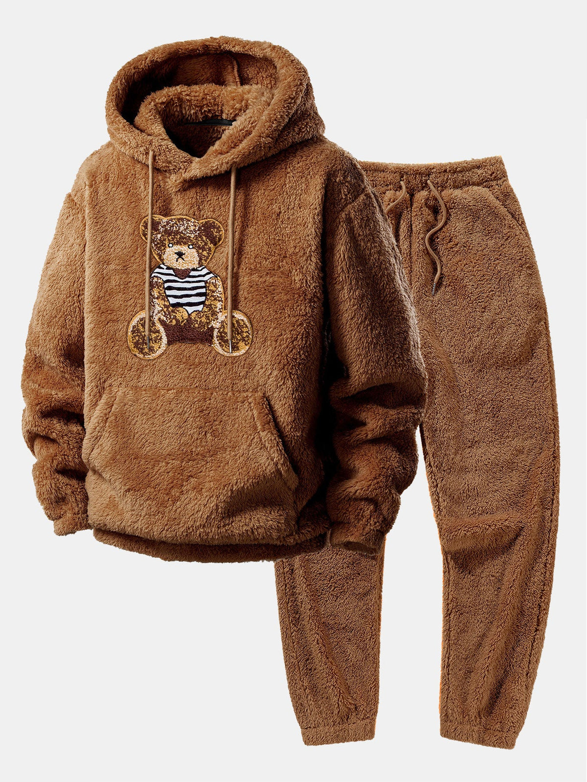 Mens sweatsuit in teddy fleece in Brown, hoodie and joggers laid flat
