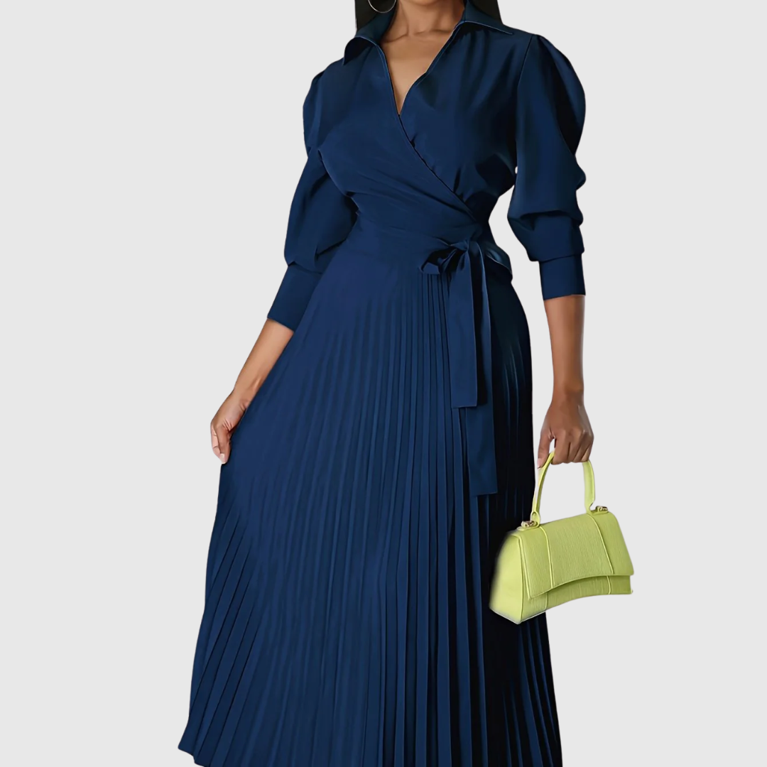 Womens wrap dress with pleated maxi skirt in Navy, tie waist, front view
