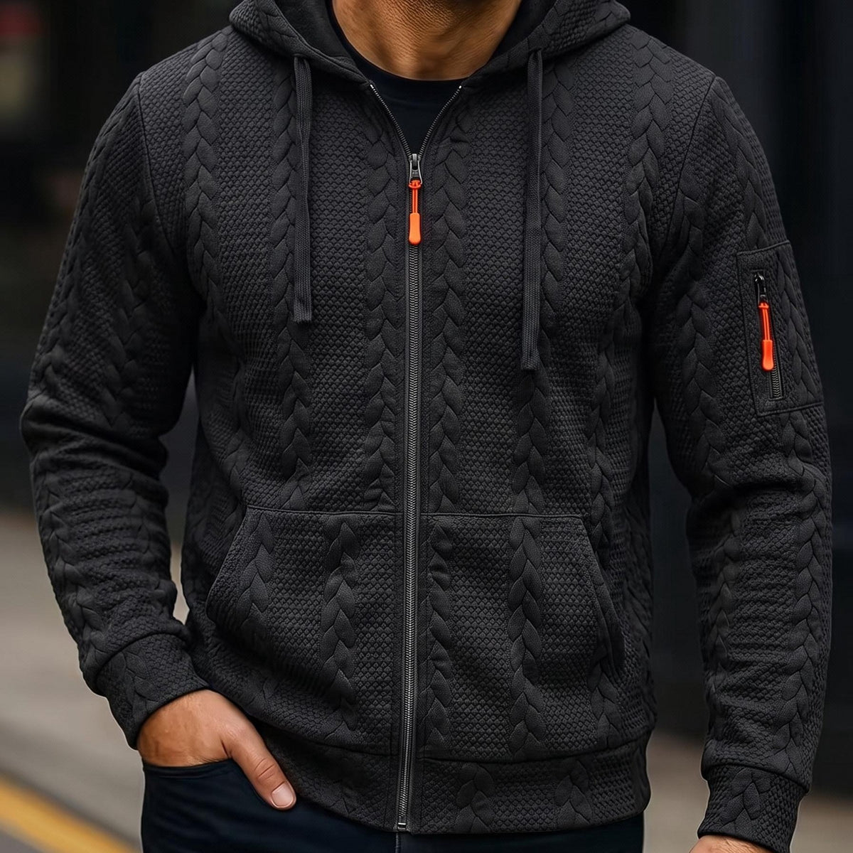 Black Cable Knit Zip Hoodie for men