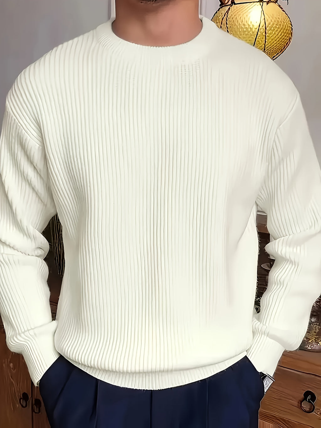 White Crewneck Sweater with Ribbed Knit