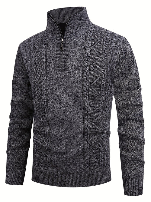 Mens quarter zip sweater in Gray, front view with cable knit panels