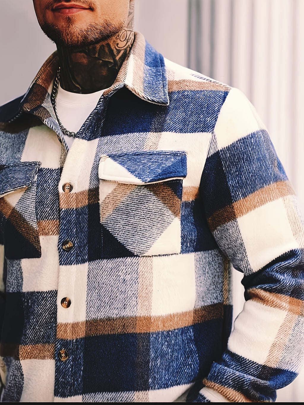 Blue Plaid Check Flannel Shirt Jacket with Chest Pockets