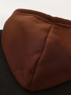 Mens zip up hoodie in Brown, close-up of the fleece lined hood