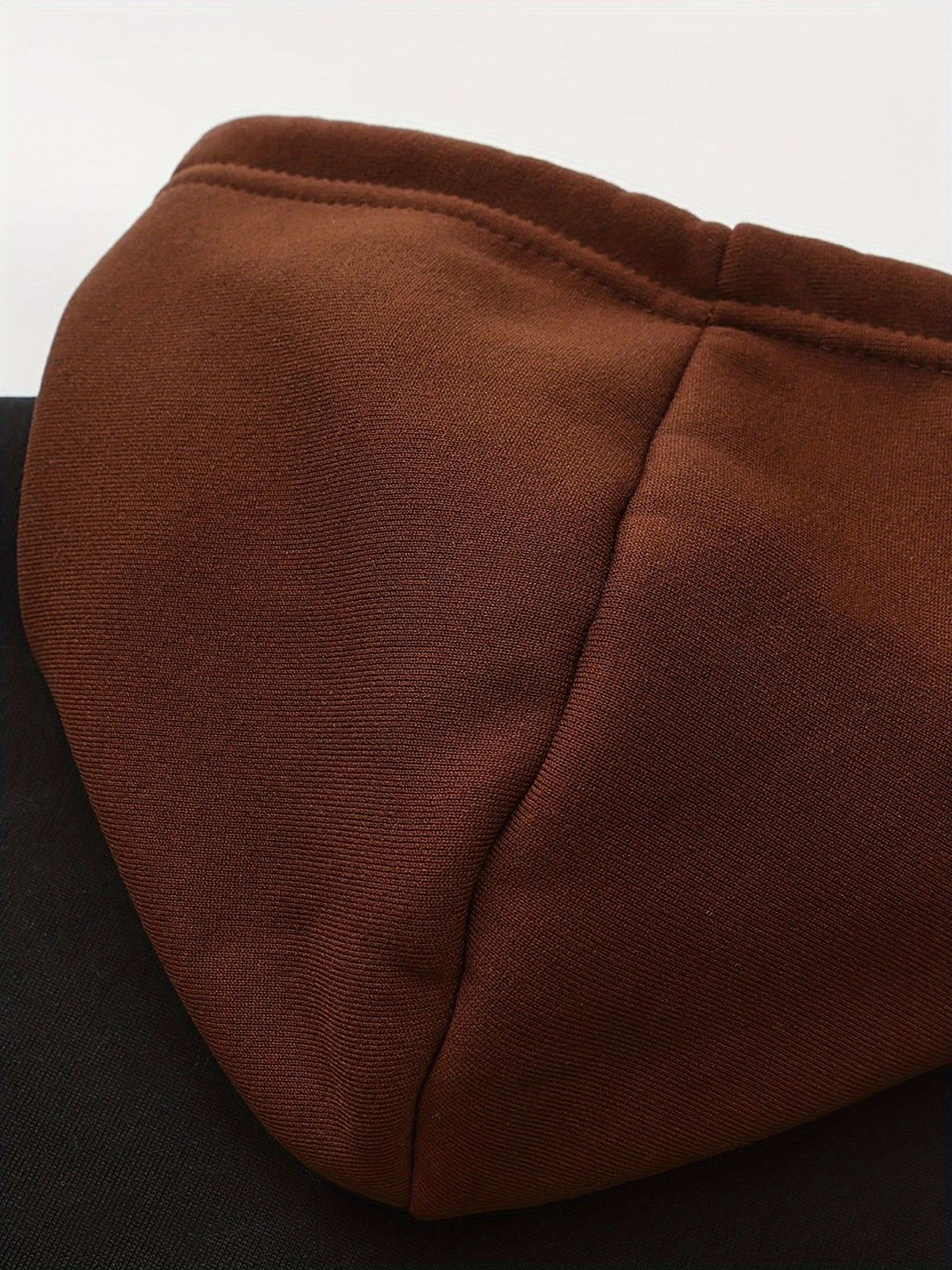 Mens zip up hoodie in Brown, close-up of the fleece lined hood