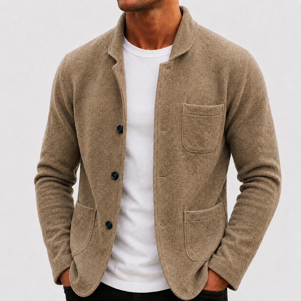 Mens cardigan in Beige, front view on a model