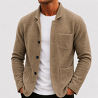 Mens cardigan in Beige, front view on a model