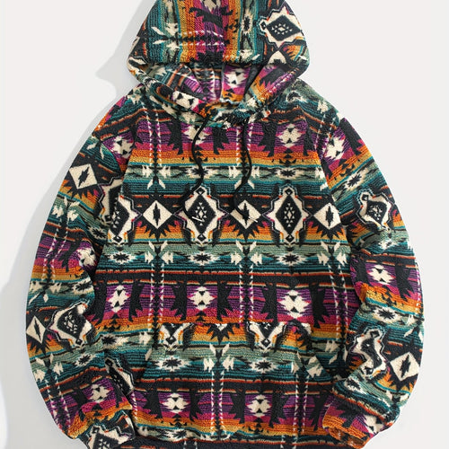 Teal Multicolor aztec Print Sherpa Hoodie for Men with Front Pocket