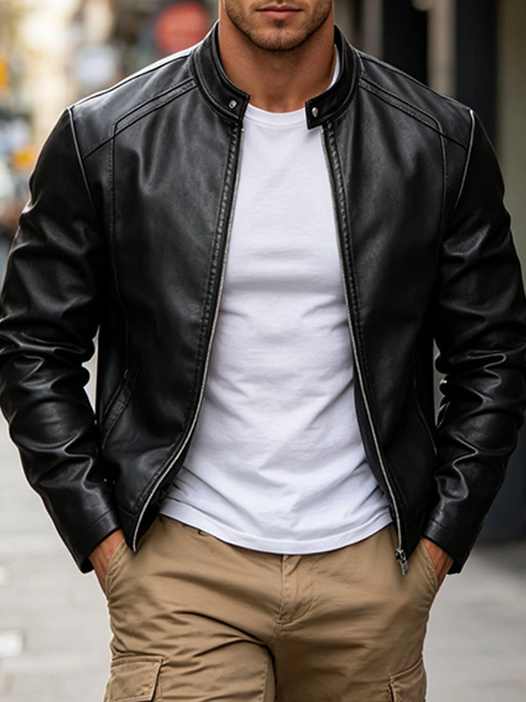 Stand Collar Leather Jacket with Zip Front