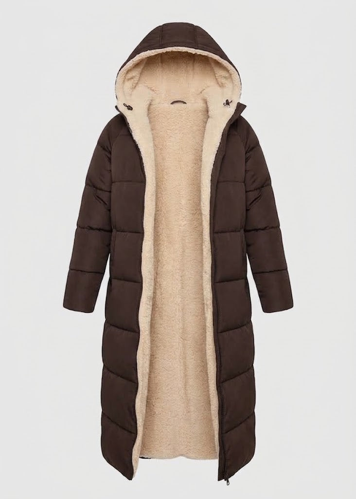 Womens long puffer coat in Brown, open front showing the sherpa lining