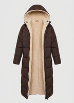 Womens long puffer coat in Brown, open front showing the sherpa lining