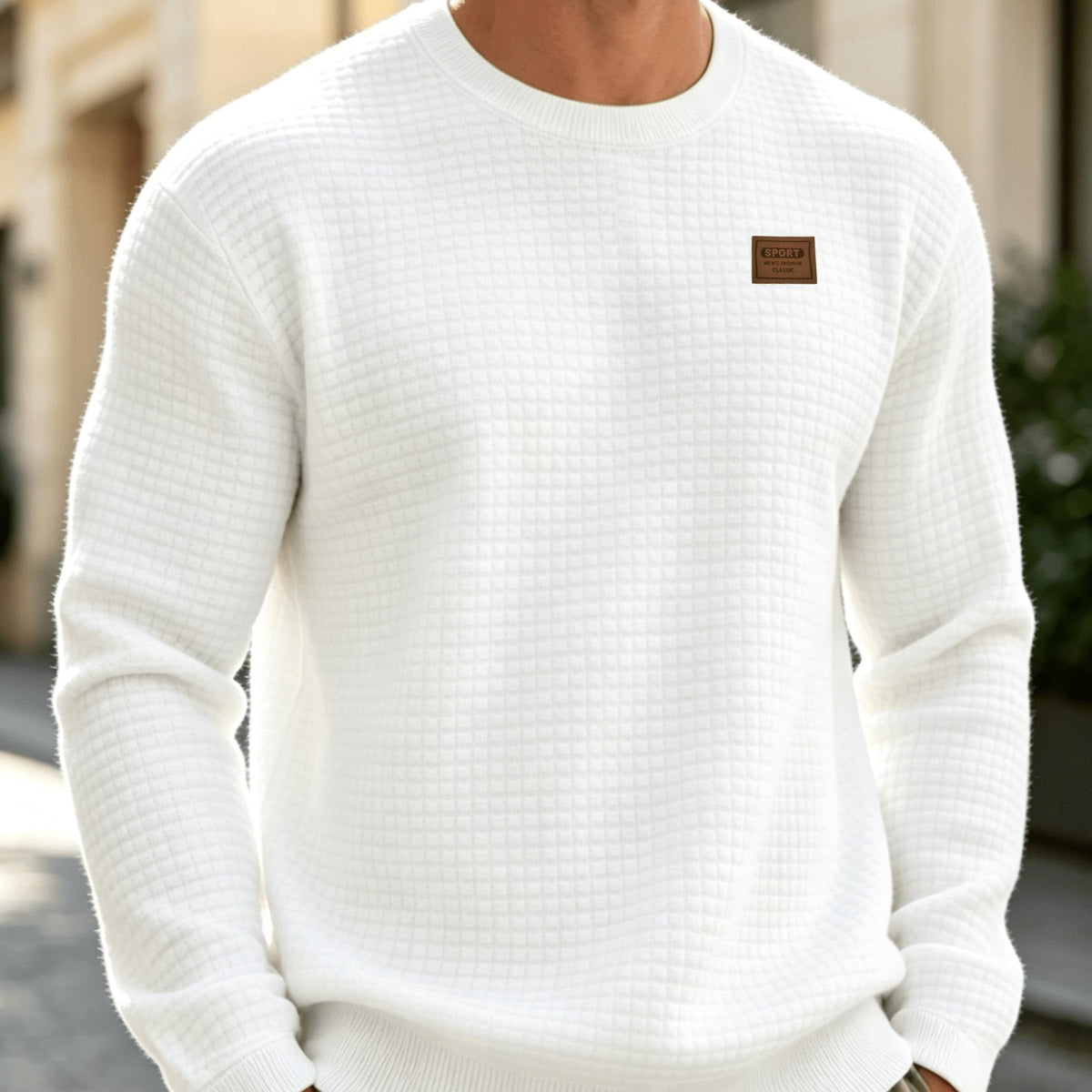 Leather Patch Crewneck Sweater with Waffle Texture