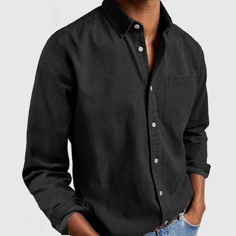 Mens button up shirt in Black, front view on a model