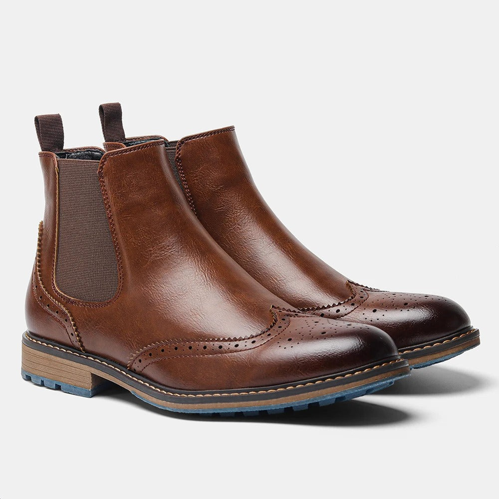 Brogue Detailing Leather Chelsea Boots with Elastic Gusset