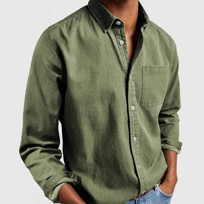 Mens button up shirt in Green, front view on a model