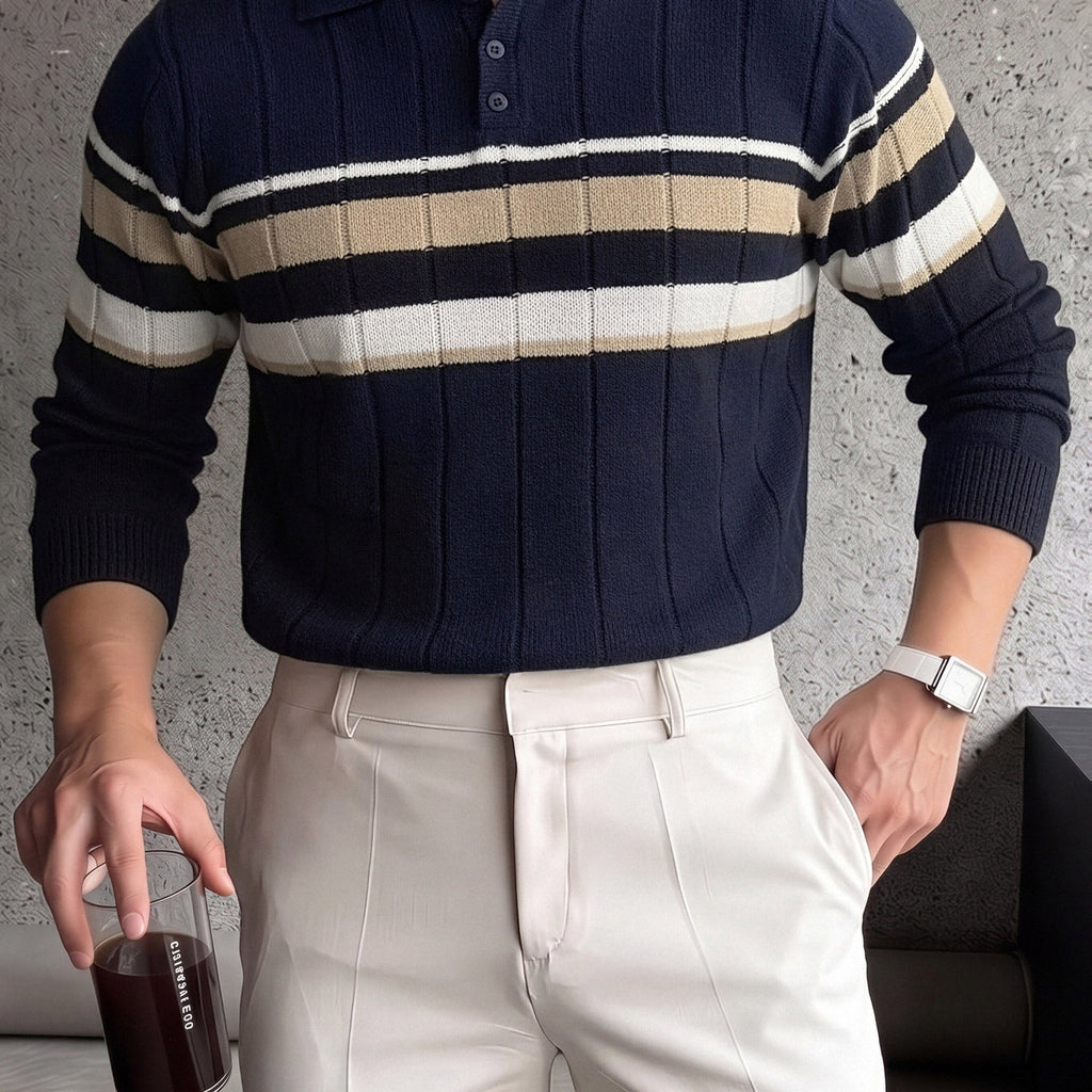 Striped Knit Polo with Button Placket