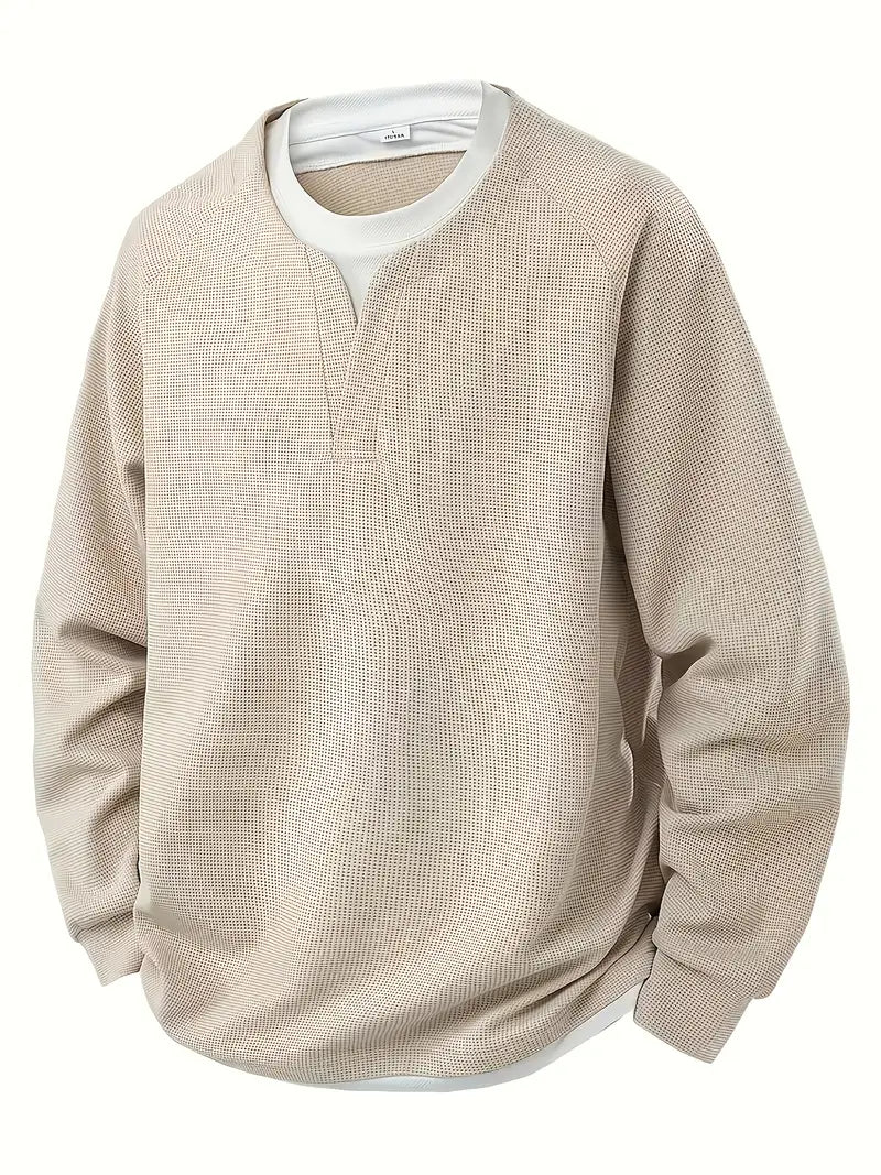 Mens waffle knit sweatshirt in Khaki, front view with notch neck