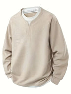 Mens waffle knit sweatshirt in Khaki, front view with notch neck