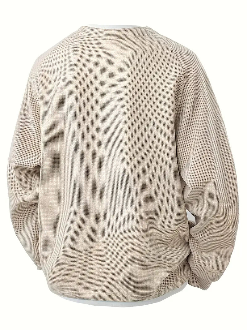 Mens waffle knit sweatshirt in Khaki, back view