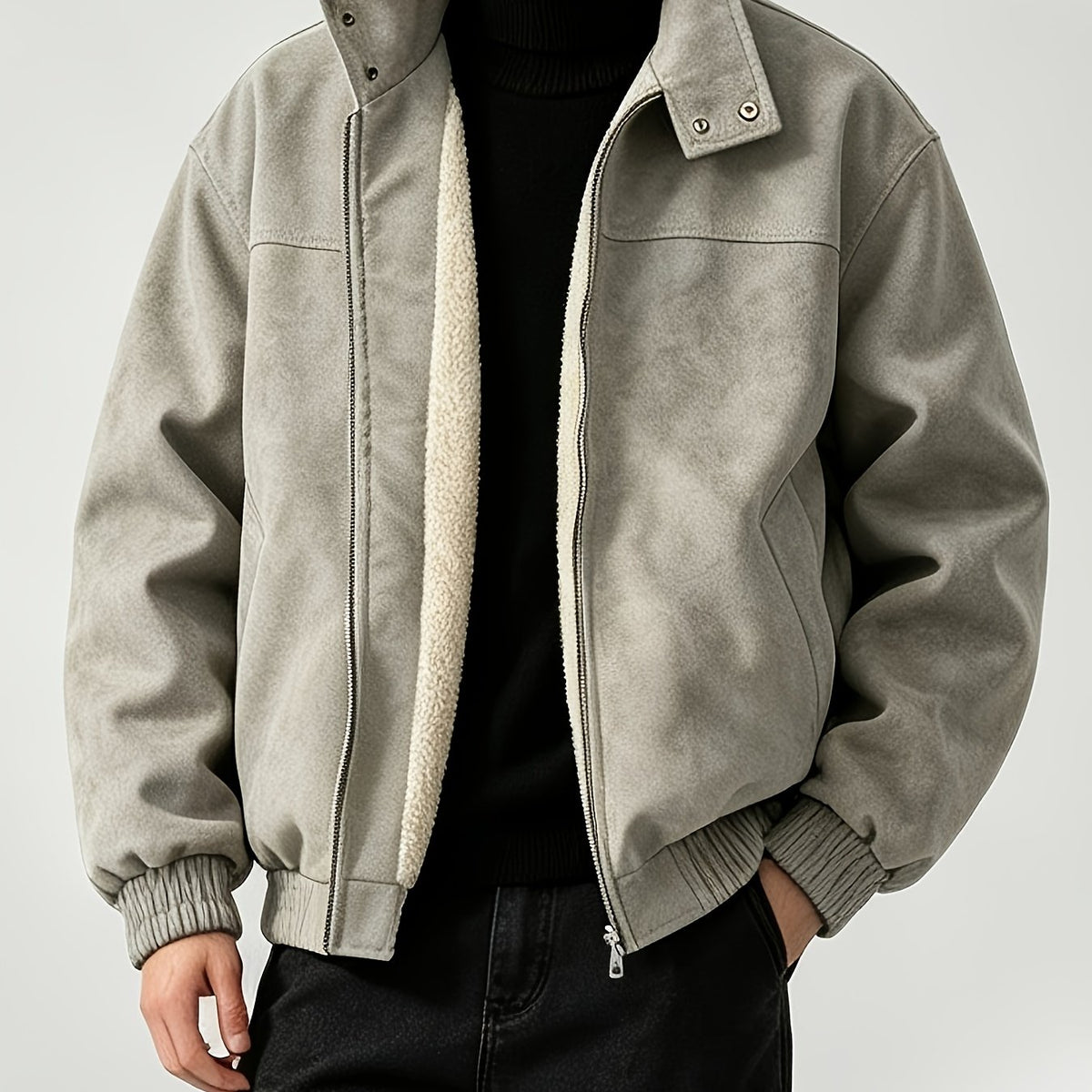 Fleece Lining Suede Work Jacket with Stand Collar