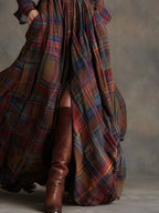 Womens plaid maxi shirt dress in Red, close-up of the full skirt