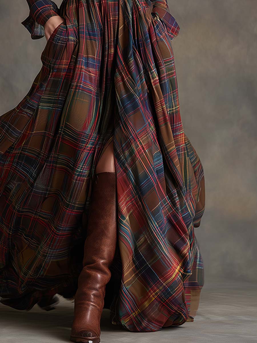 Womens plaid maxi shirt dress in Red, close-up of the full skirt