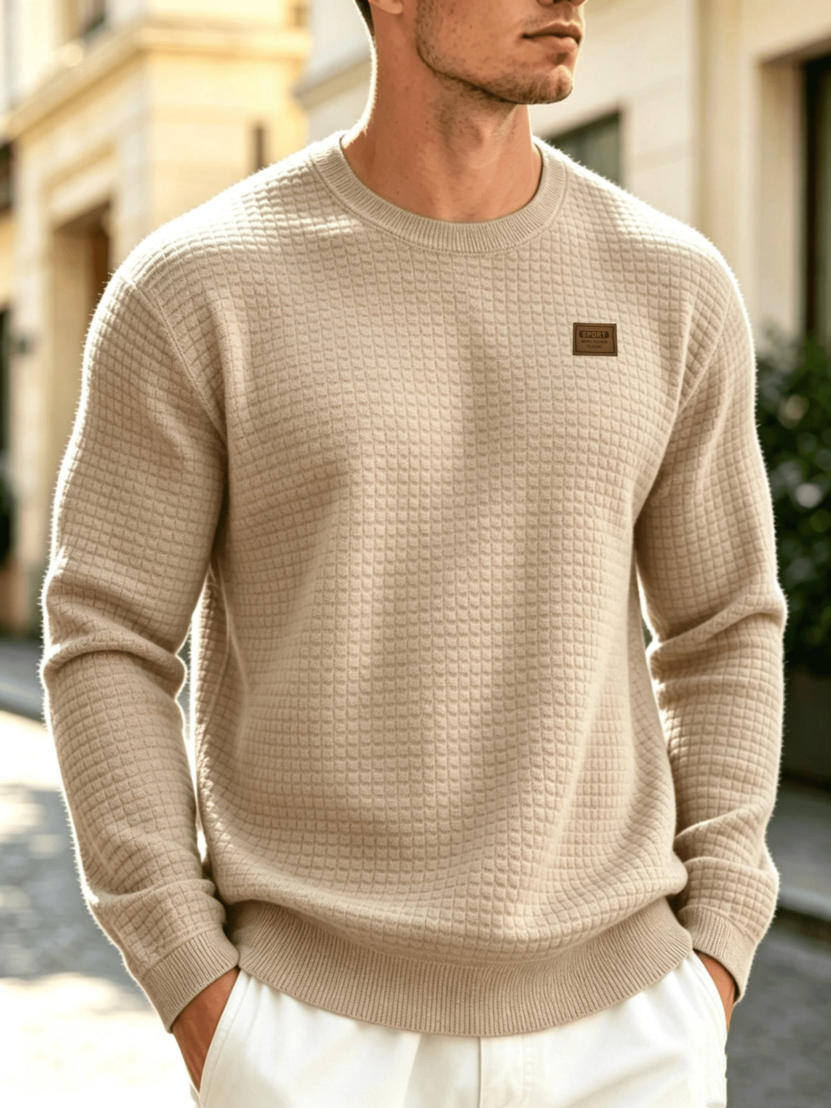 Leather Patch Crewneck Sweater with Waffle Texture