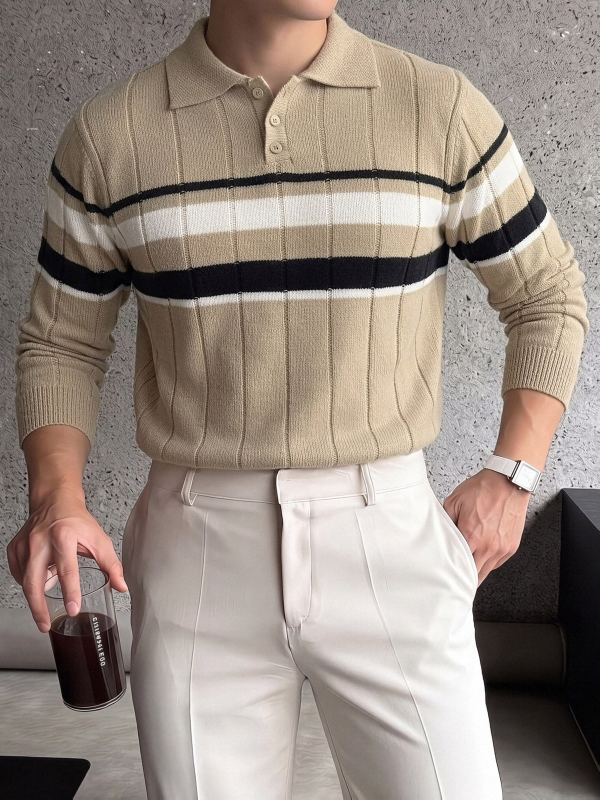 Striped Knit Polo with Button Placket