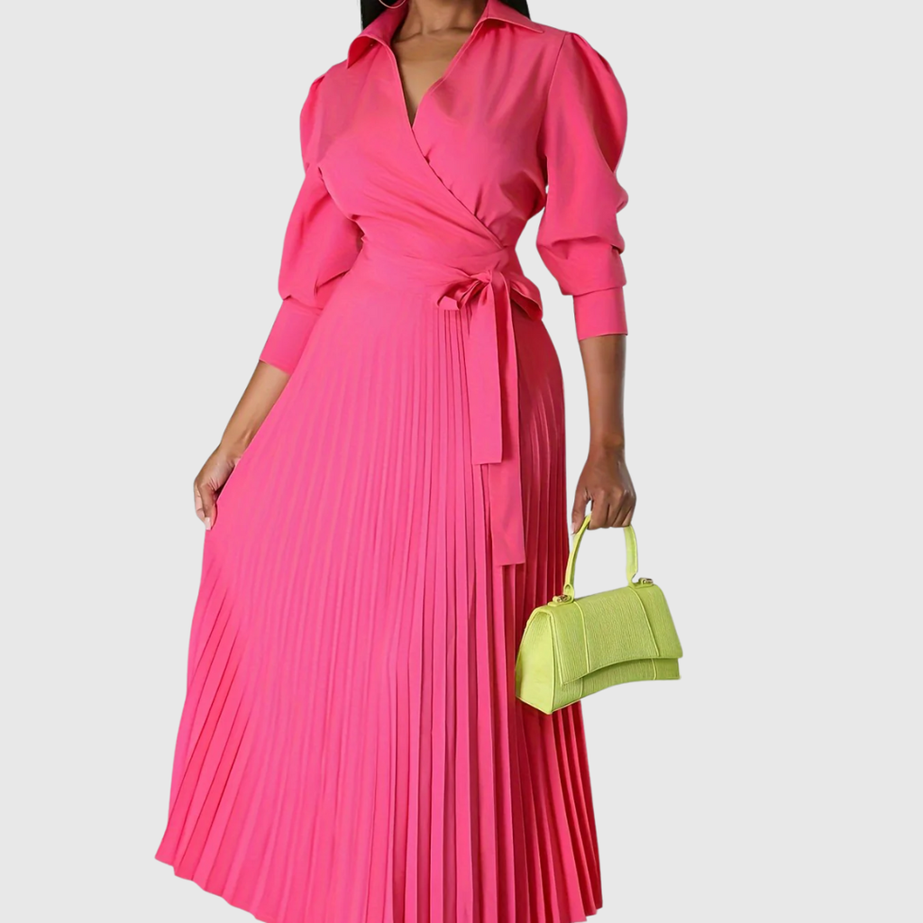 Womens wrap dress with pleated maxi skirt in Pink, tie waist, front view