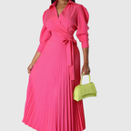 Womens wrap dress with pleated maxi skirt in Pink, tie waist, front view