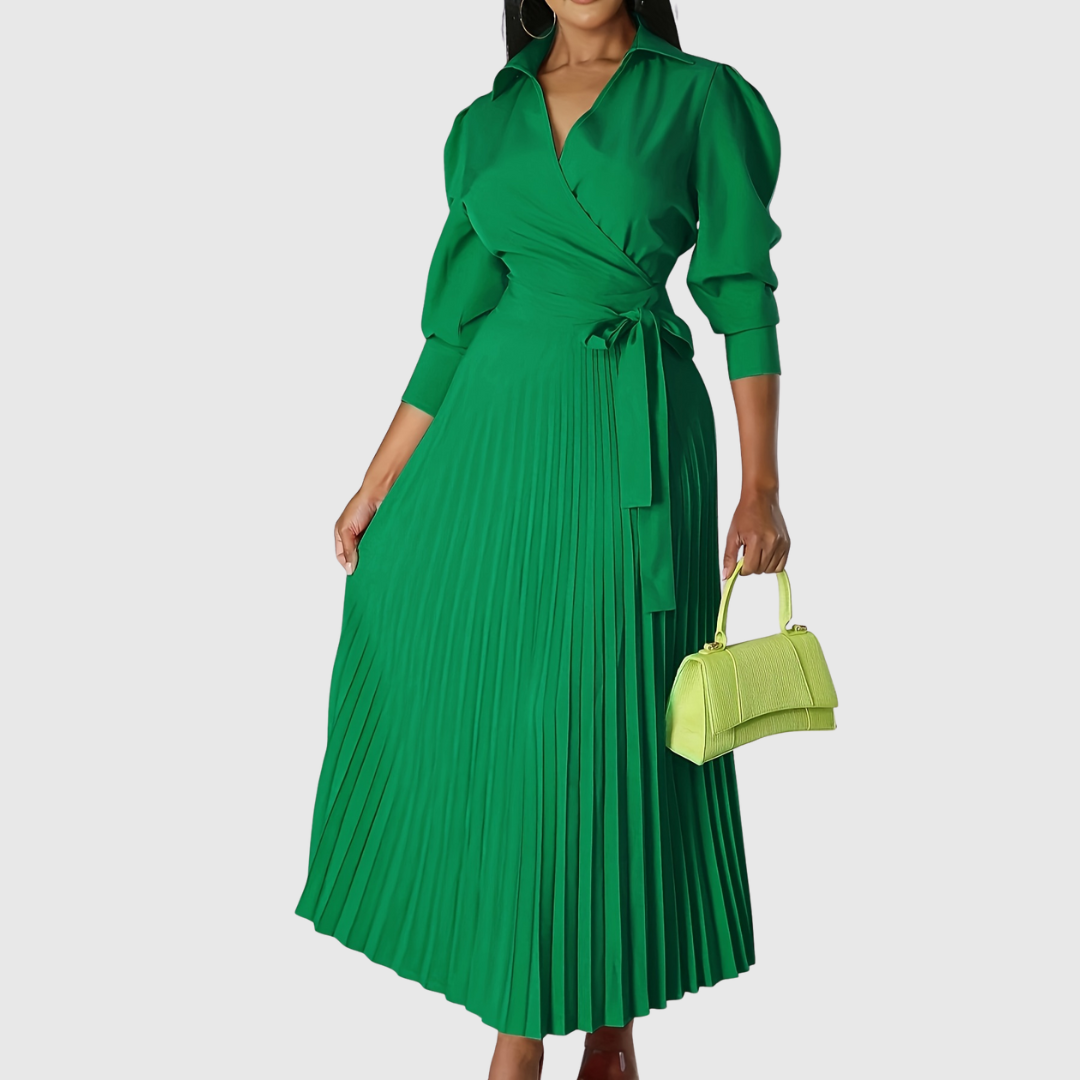 Womens wrap dress with pleated maxi skirt in Green, tie waist, front view