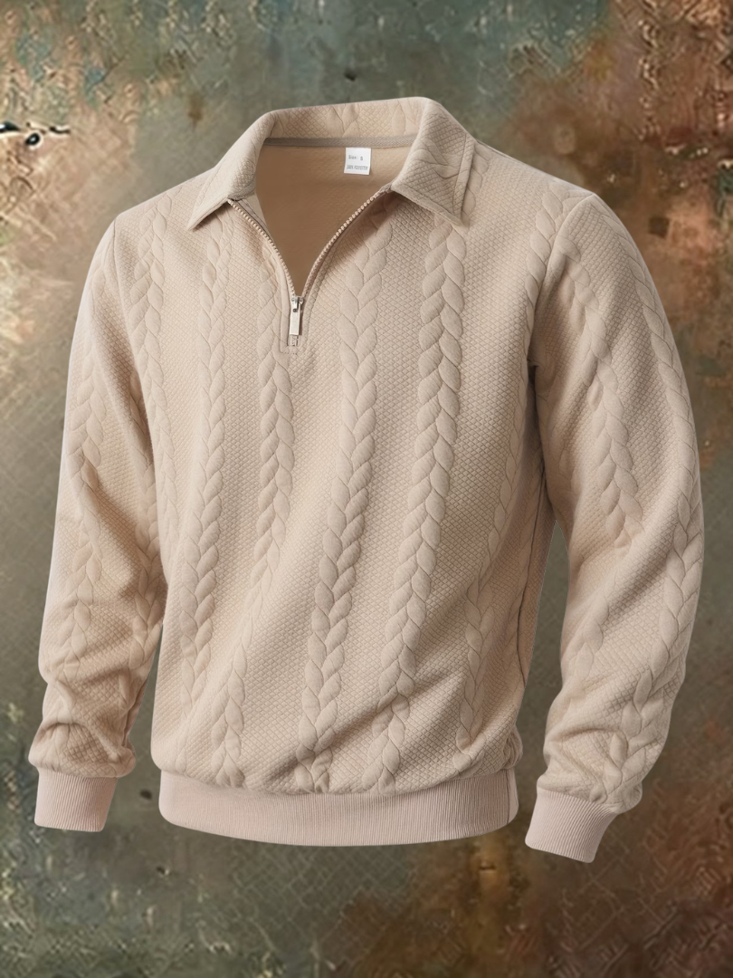 Mens quarter zip sweater in Beige, front view