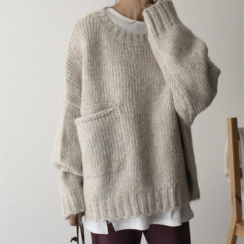 Womens chunky knit sweater in Beige with front patch pocket