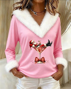 Womens Christmas sweater in Pink with faux fur V-neck and cuffs