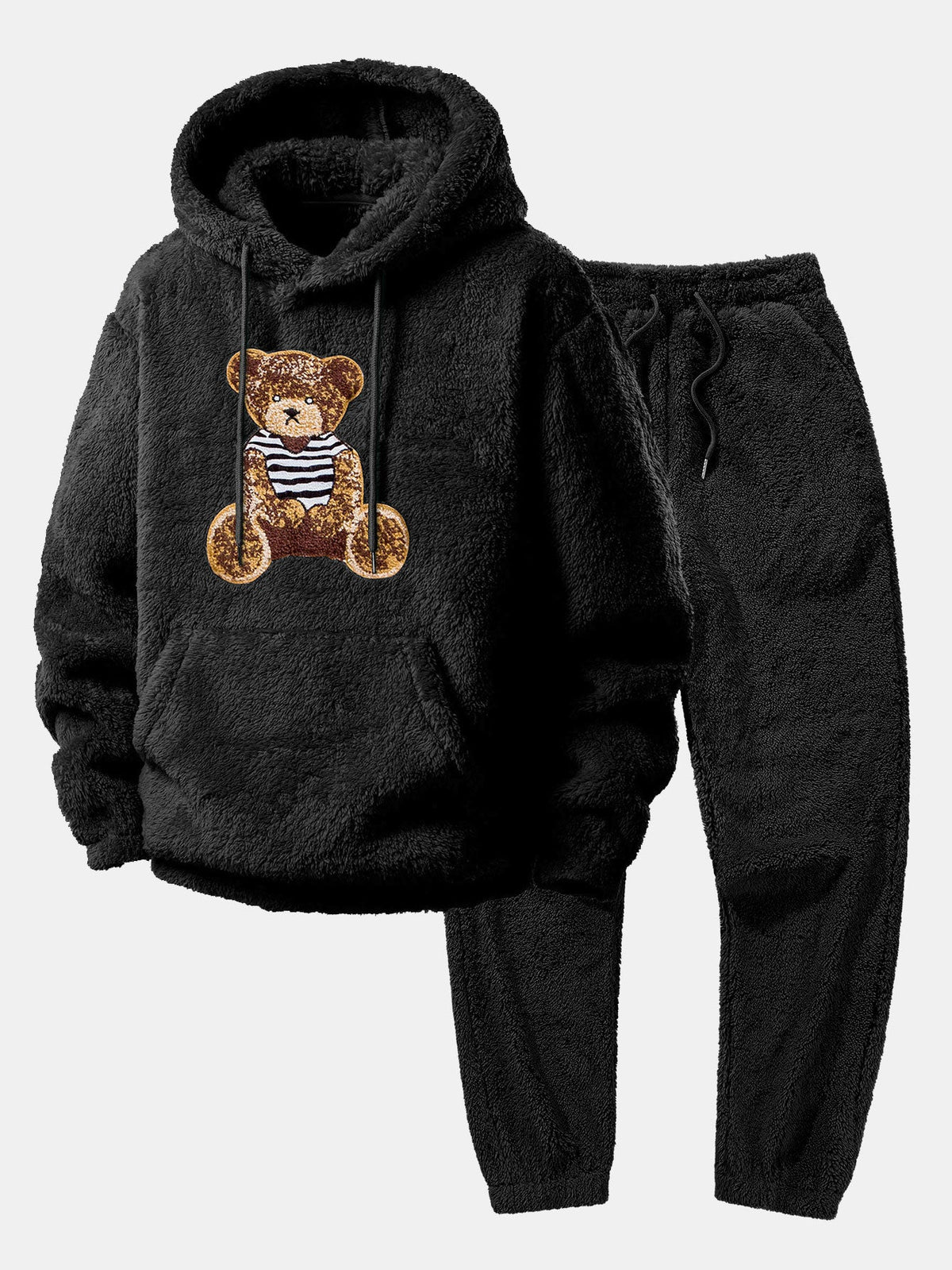 Mens sweatsuit in teddy fleece in Black, hoodie and joggers laid flat
