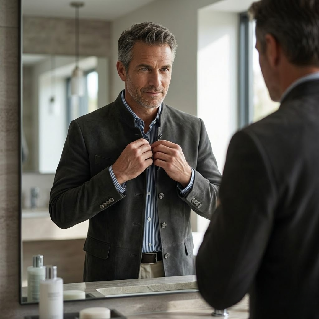 Mens suede jacket in Gray, worn, buttoning in a mirror