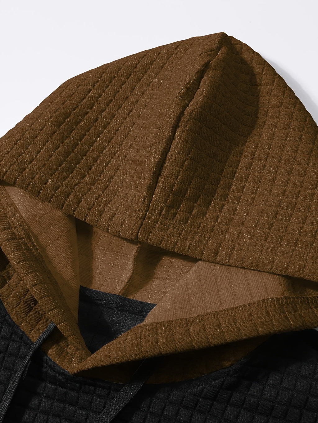 Mens hoodie in Brown, close-up of the waffle knit hood