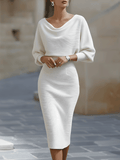 Womens midi sweater dress in White, cowl neck and batwing sleeves, front view