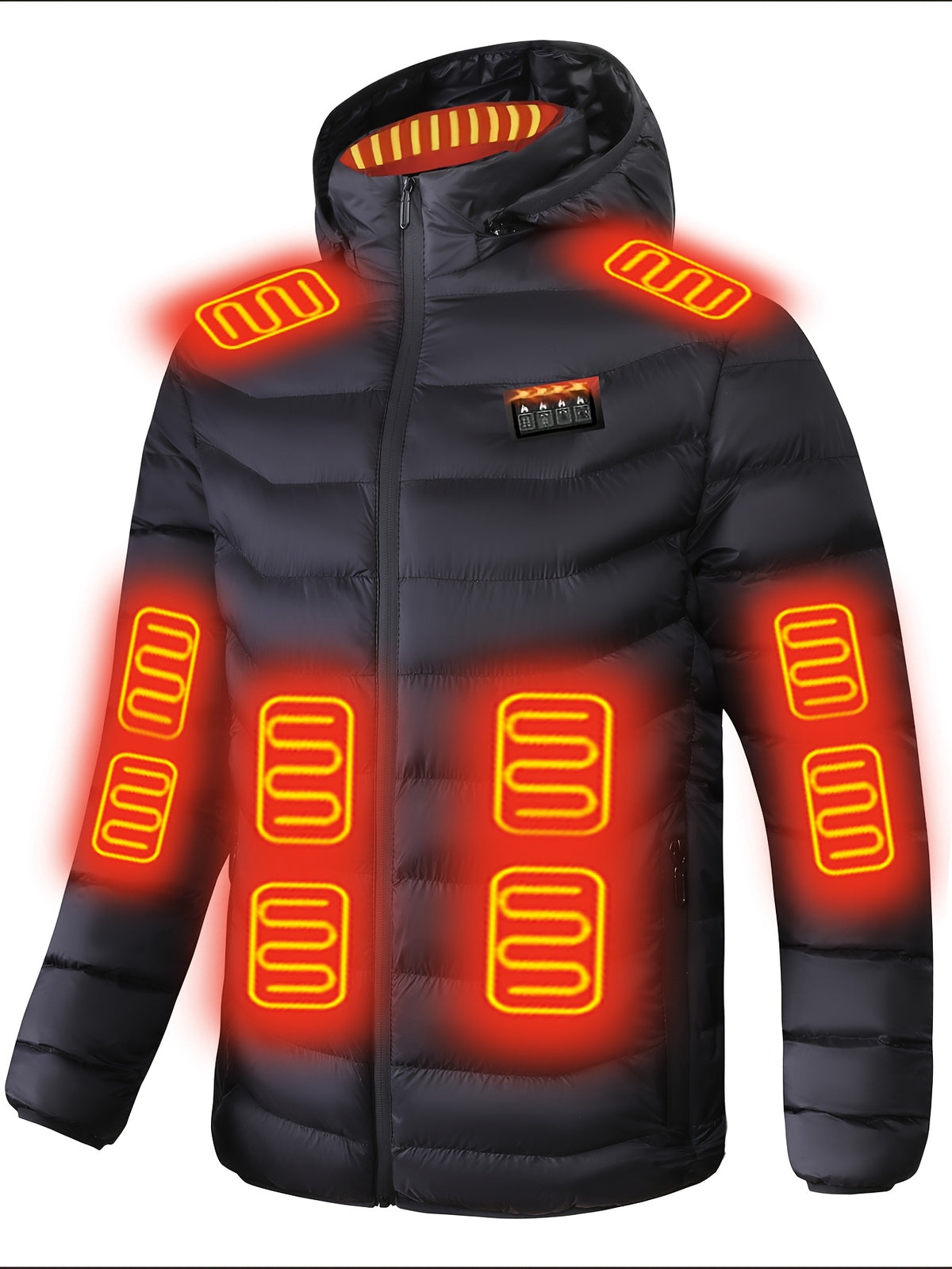Mens heated jacket in Black, front view showing the heating zones