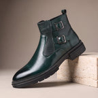 Green double Buckle Chelsea Boots for Men with Side Zip