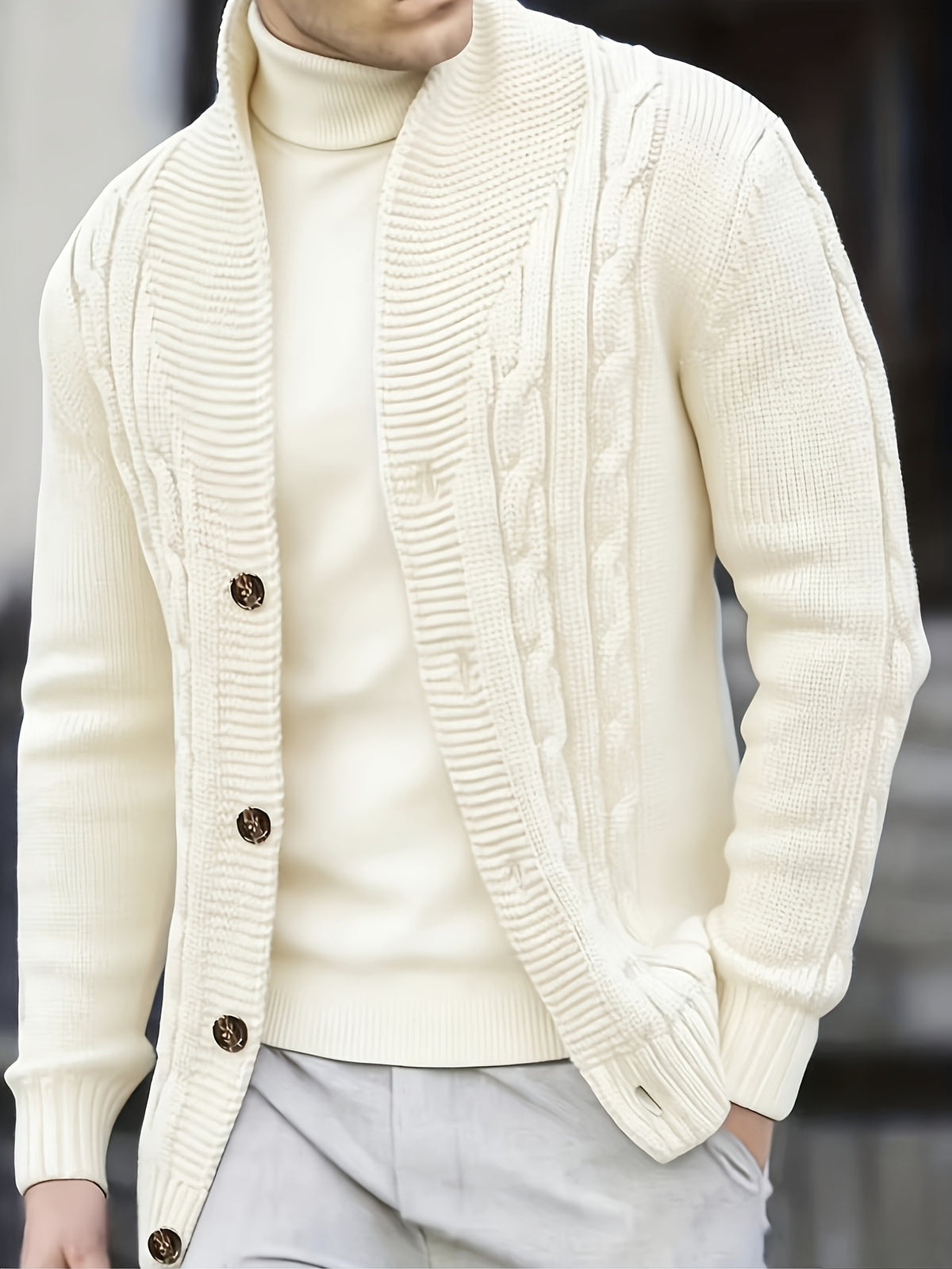 Cream Shawl Collar Cardigan for men