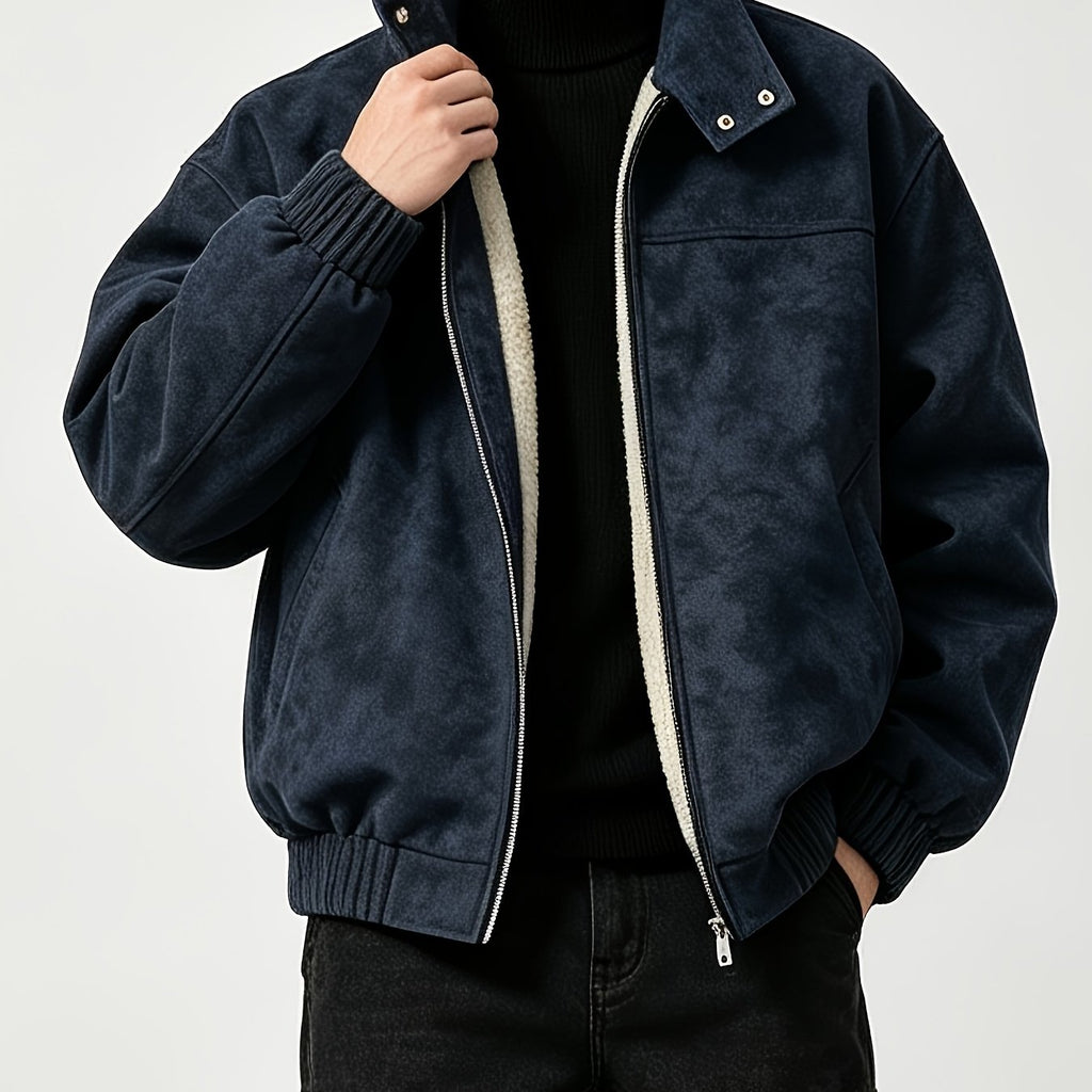 Fleece Lining Suede Work Jacket with Stand Collar