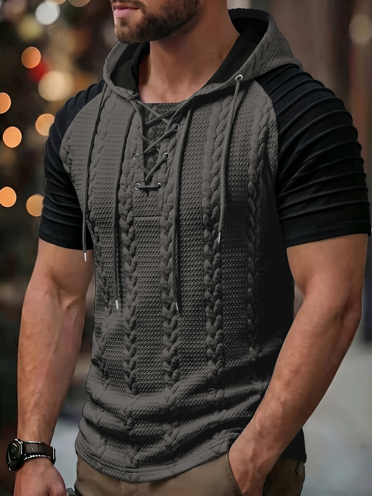 Gray Short Sleeve Knit Hoodie for men, view 14