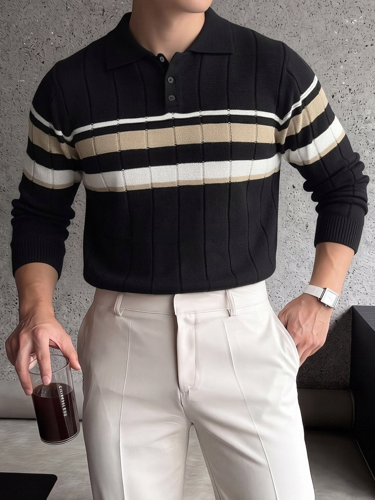 Striped Knit Polo with Button Placket