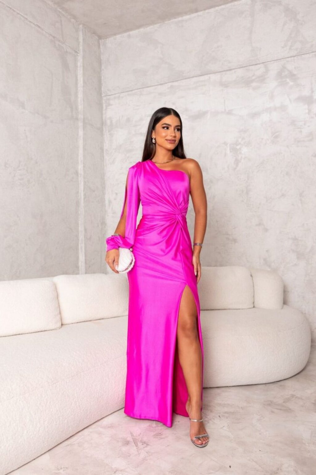 Womens one shoulder dress in Fuchsia, satin maxi with side slit, front view