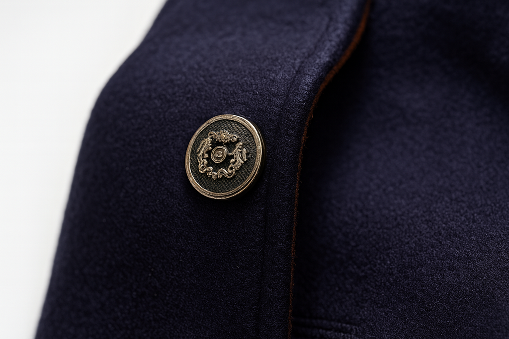 Mens overcoat in Navy, close-up of a metal button
