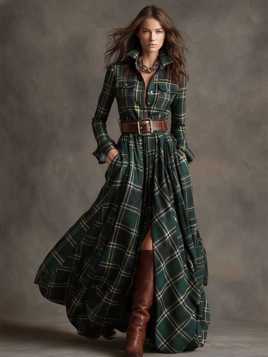 Womens plaid maxi shirt dress in Green, full length, styled with a belt and boots
