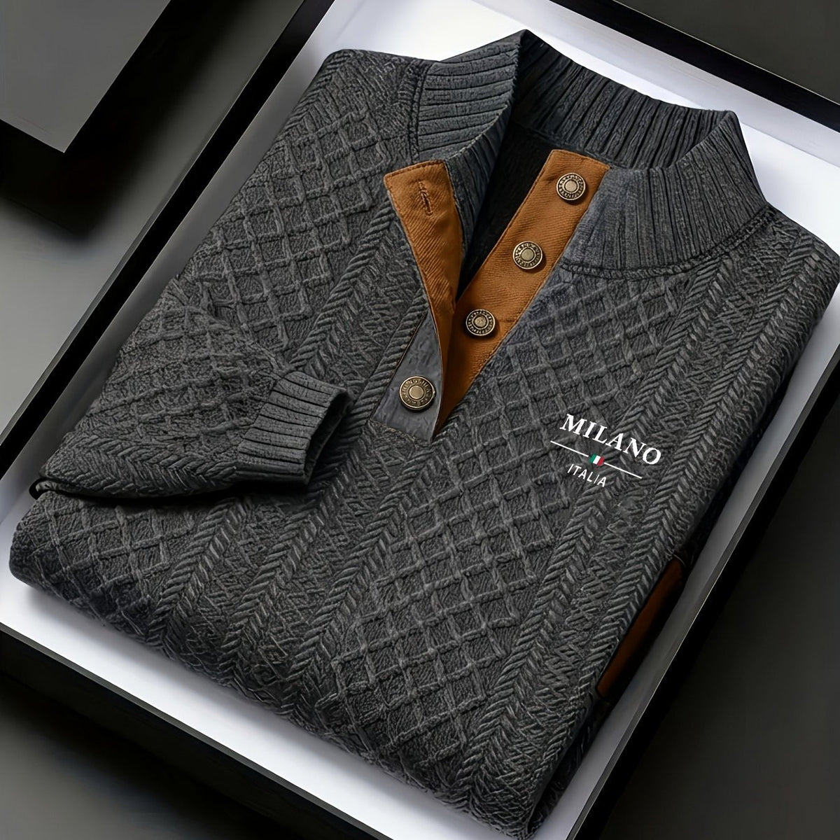 Mens mock neck sweater in Dark Gray, folded in a gift box