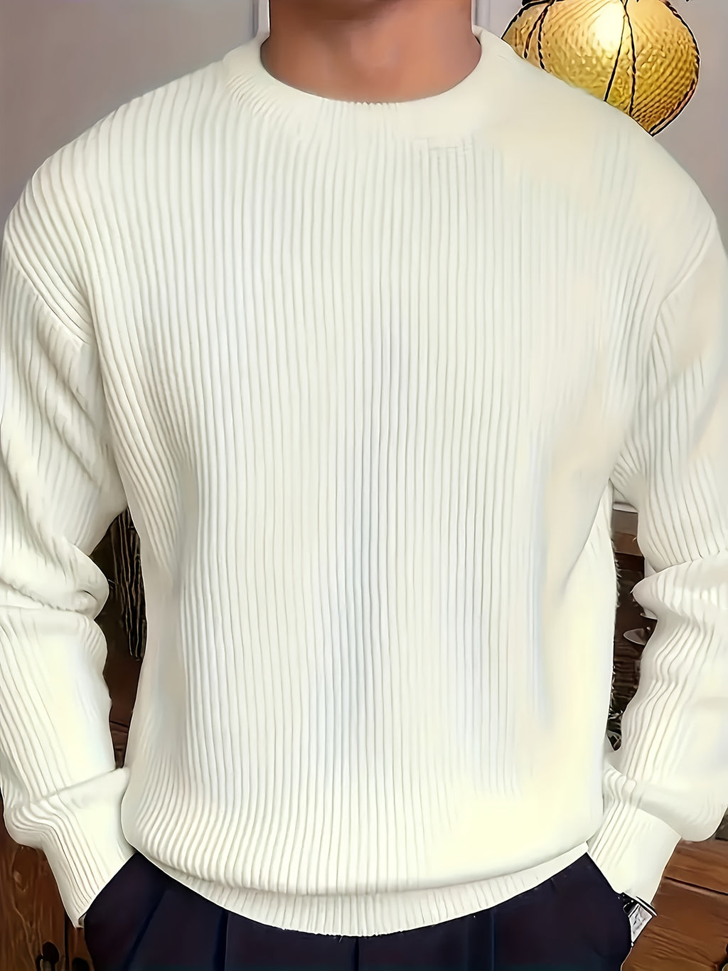 White Crewneck Sweater with Ribbed Knit