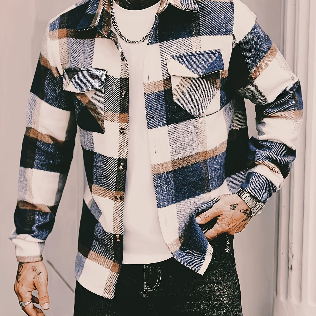 Blue Plaid Check Flannel Shirt Jacket with Chest Pockets
